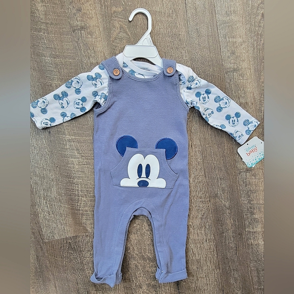 Disney Baby Mickey Mouse Overall & Onezie Set 6-9M Blue & Grey NWT Cotton Blend